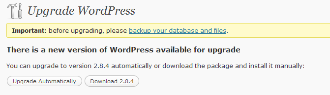 Upgrade Wordpress dialog box