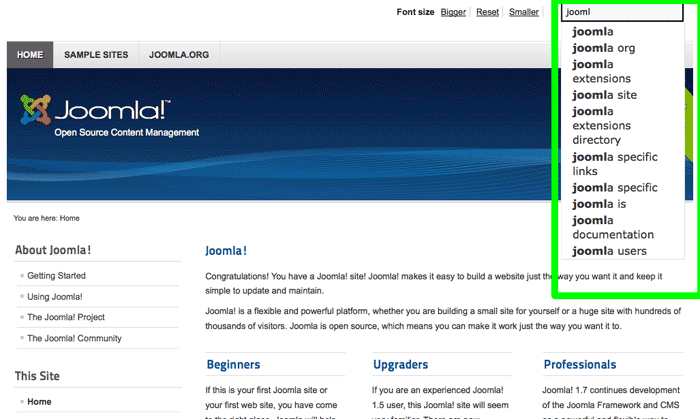 Screenshot of the new search feature in Joomla 2.5