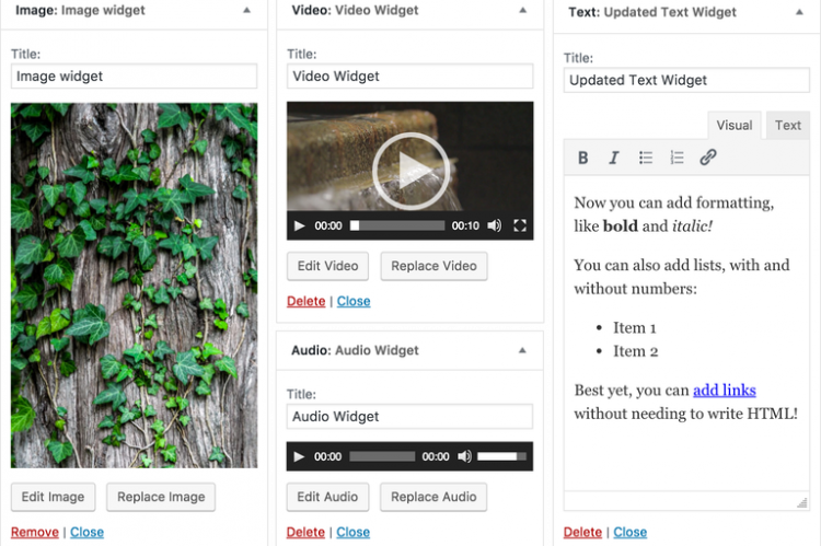 Screenshot of new WordPress 4.8 widgets