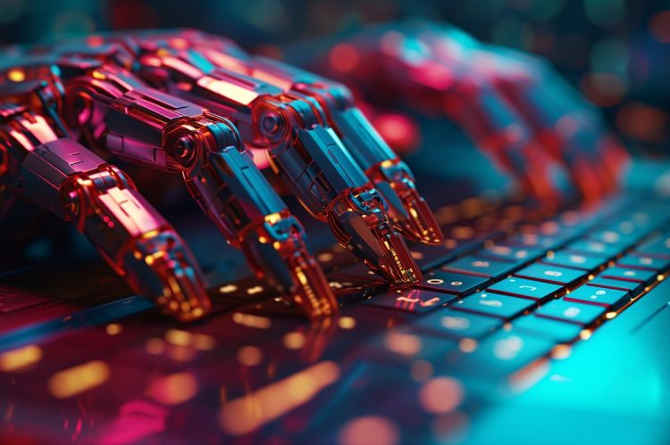 Robotic metal hands typing on a keyboard.