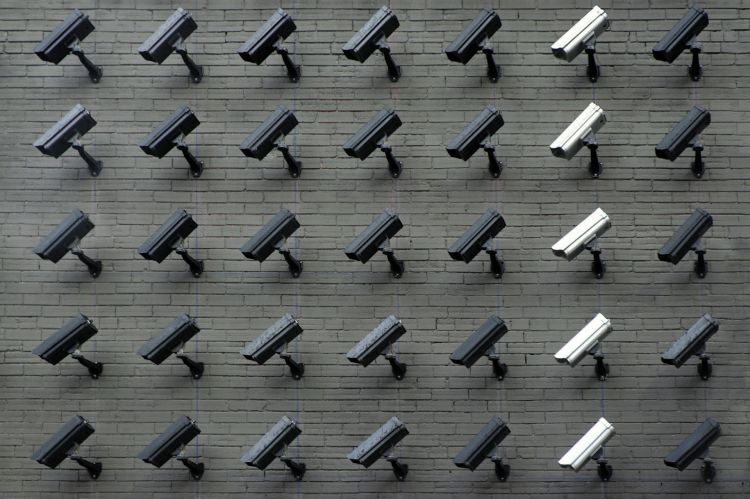 A wall filled with mounted security cameras.