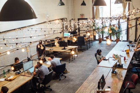 employees work at tables in a large office space