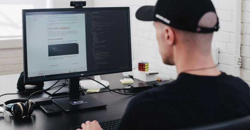 Man at work desk with keyboard looking at computer monitor.